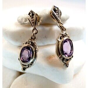 Sterling Silver Amethyst Marcasite Earrings Vintage Style Signed Hallmarked